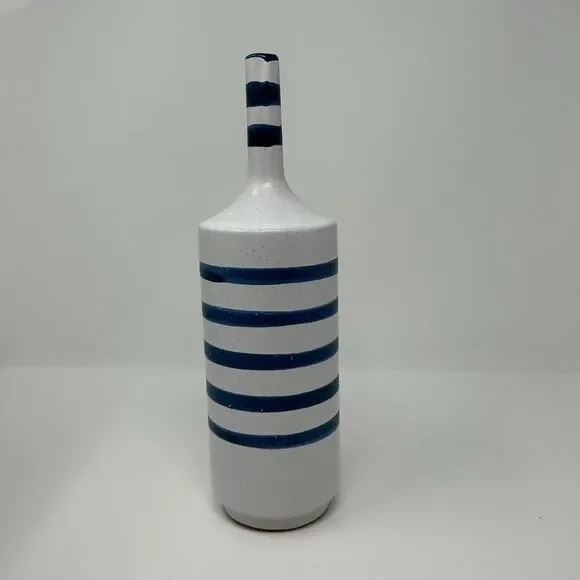 Crate and Barrel Terra Cotta Vase Blue Striped Gray Nautical Decor Hand Painted - Picture 3 of 14